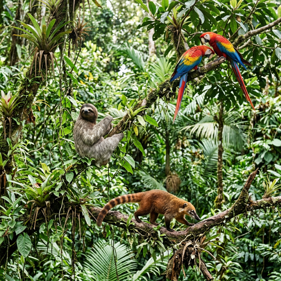 A sloth clinging to a branch, two colorful macaws perched on another branch, and a coati walking below in dense green rainforest
