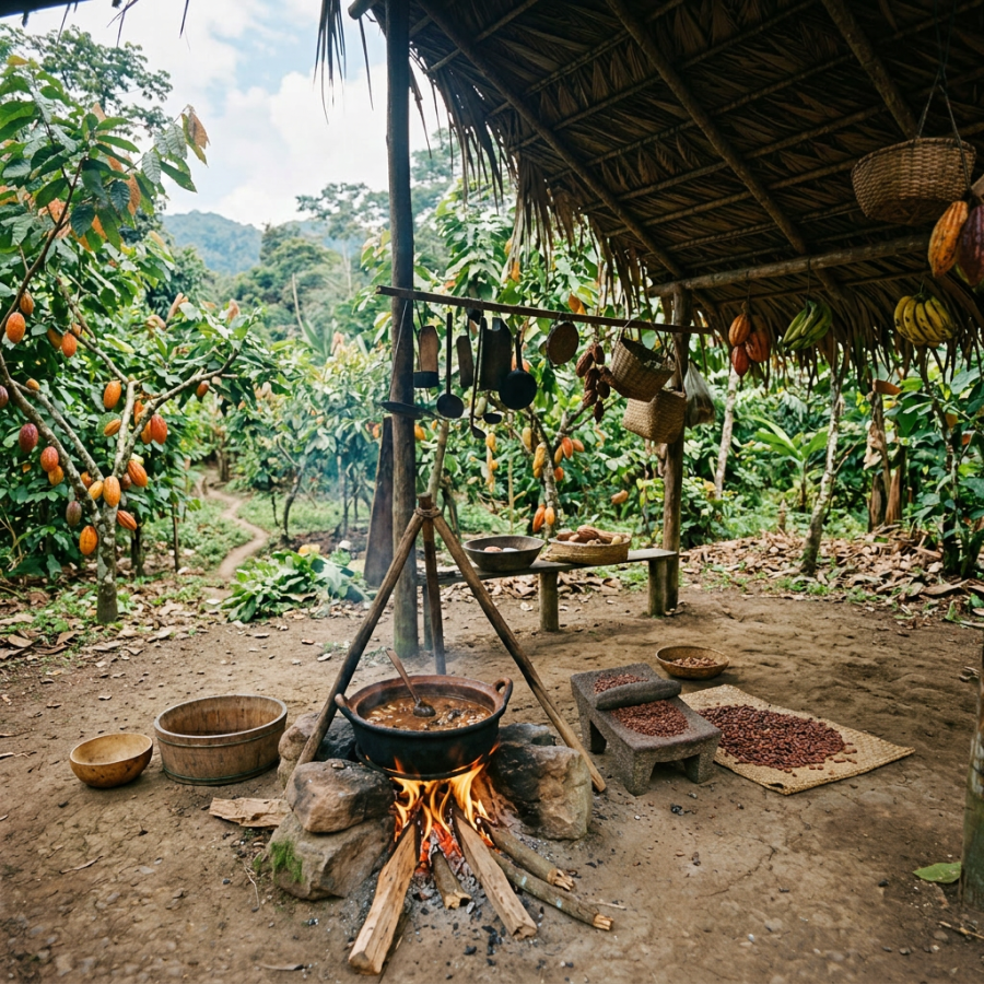 Family processing cacao beans near open fire in outdoor rustic kitchen