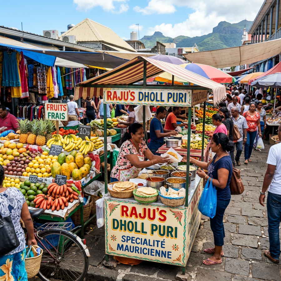 Market stall selling dholl puri at a busy outdoor fruit market in Mauritius