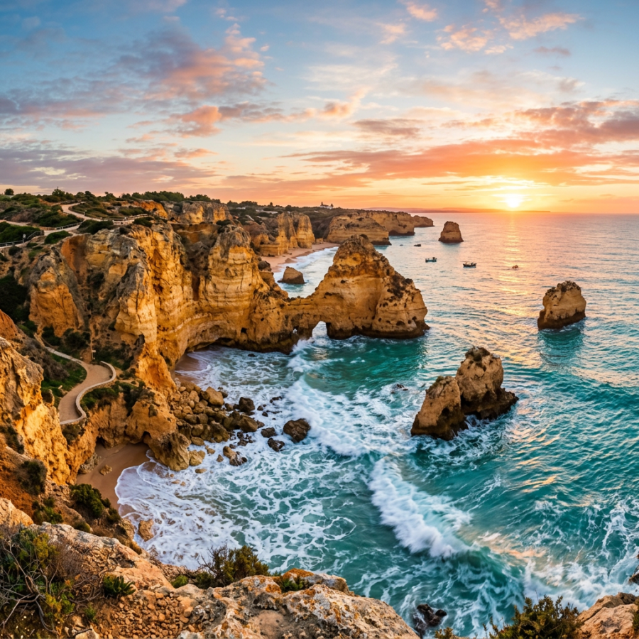 Sunset casting golden light on rocky cliffs and turquoise ocean waves