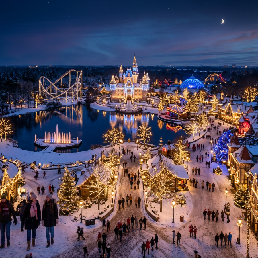Winter theme park decorated with holiday lights, snow, castle, roller coaster, and visitors