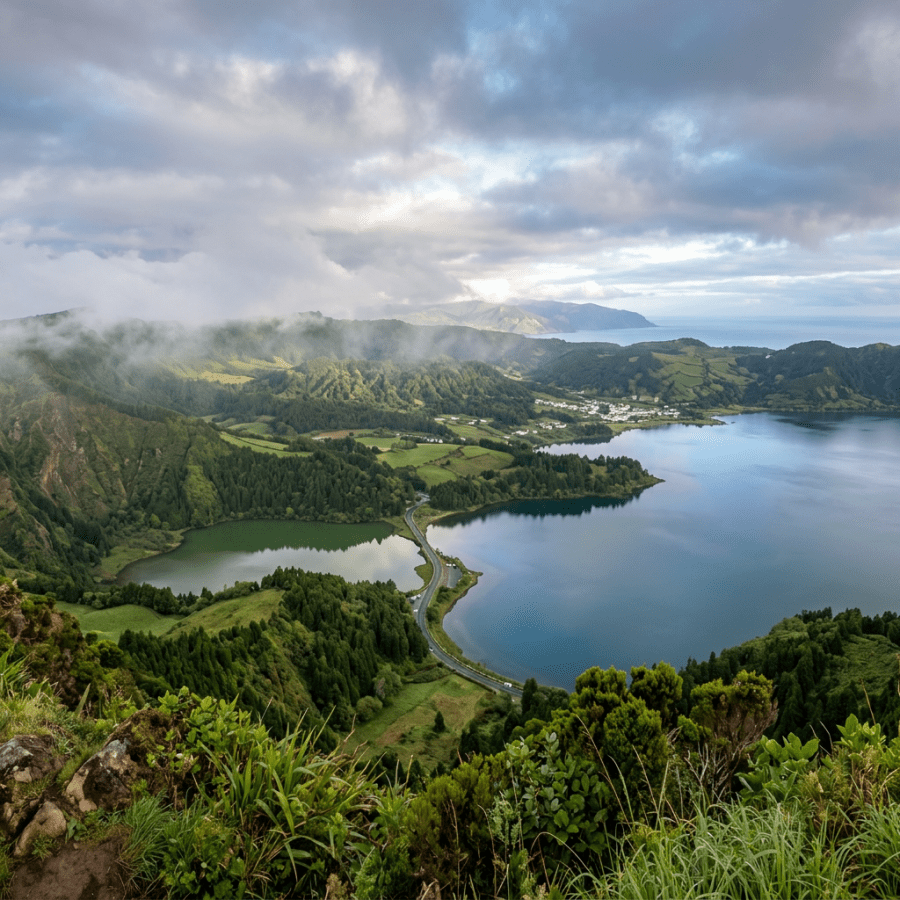 Two crater lakes separated by a narrow isthmus road with dense green forests and a small village in the background under cloudy sky