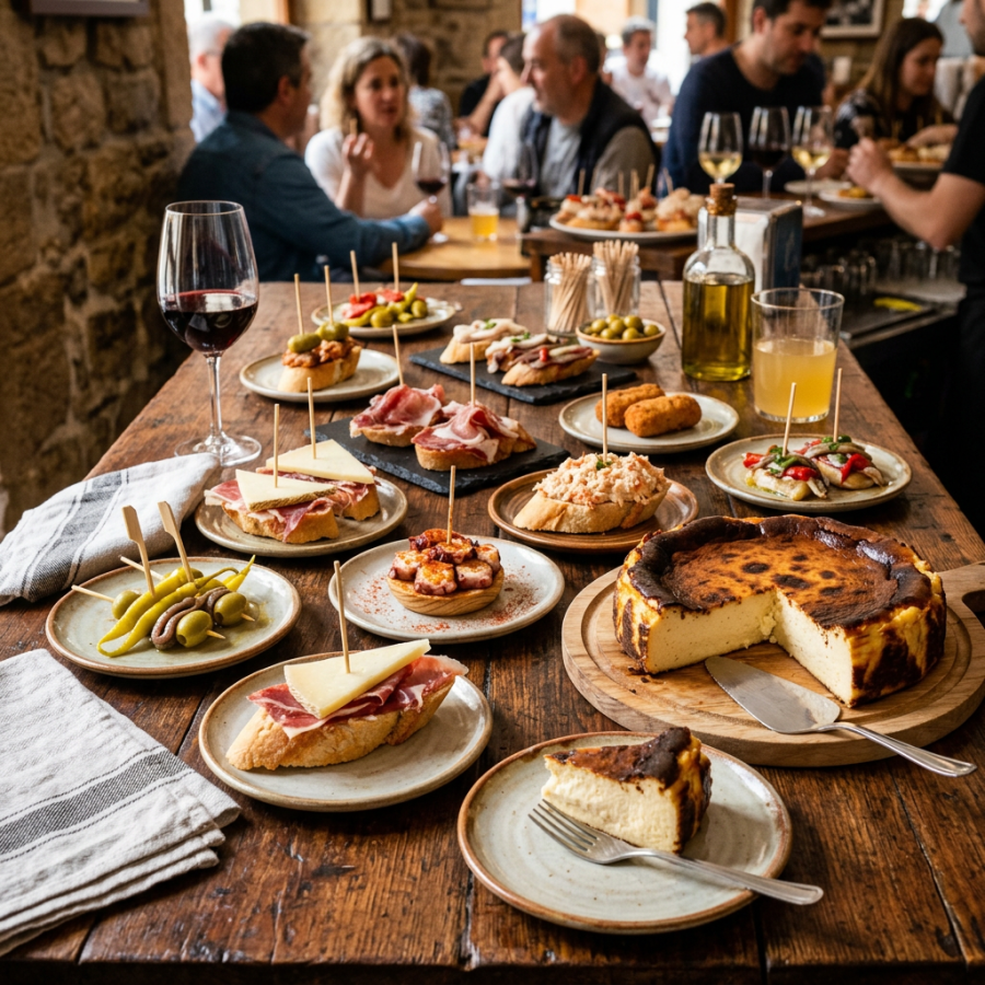 Assorted Spanish tapas dishes including bread with ham and cheese, croquettes, olives, octopus, and a Basque burnt cheesecake with a slice served, accompanied by wine and a glass of juice on a wooden table