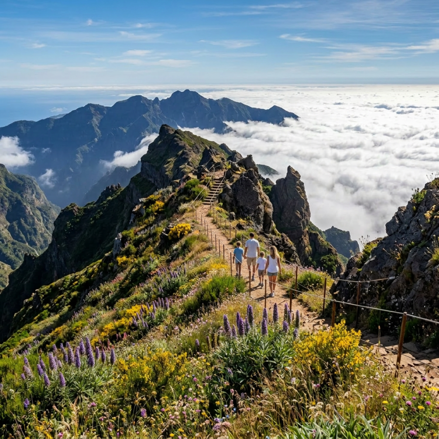 Two hikers walking on a narrow mountain trail with wildflowers and clouds below