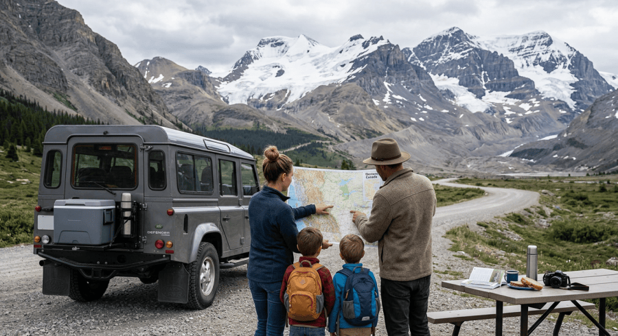 Family studying a map beside a vehicle in Icelandic mountains
