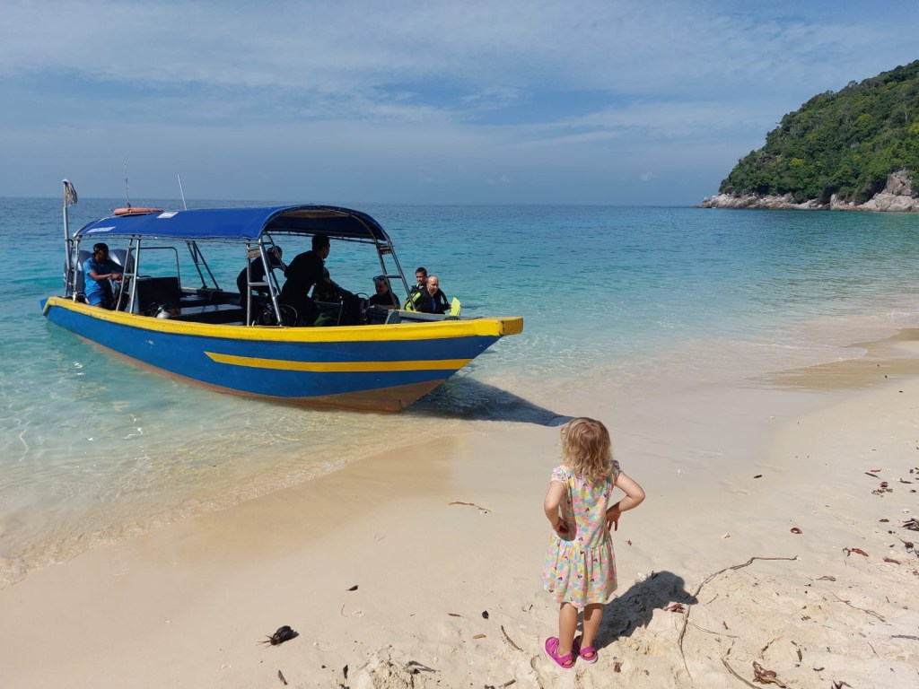 A young girl stands on the beach watching a colorful boat approach the shore with several people on board in a tropical setting.